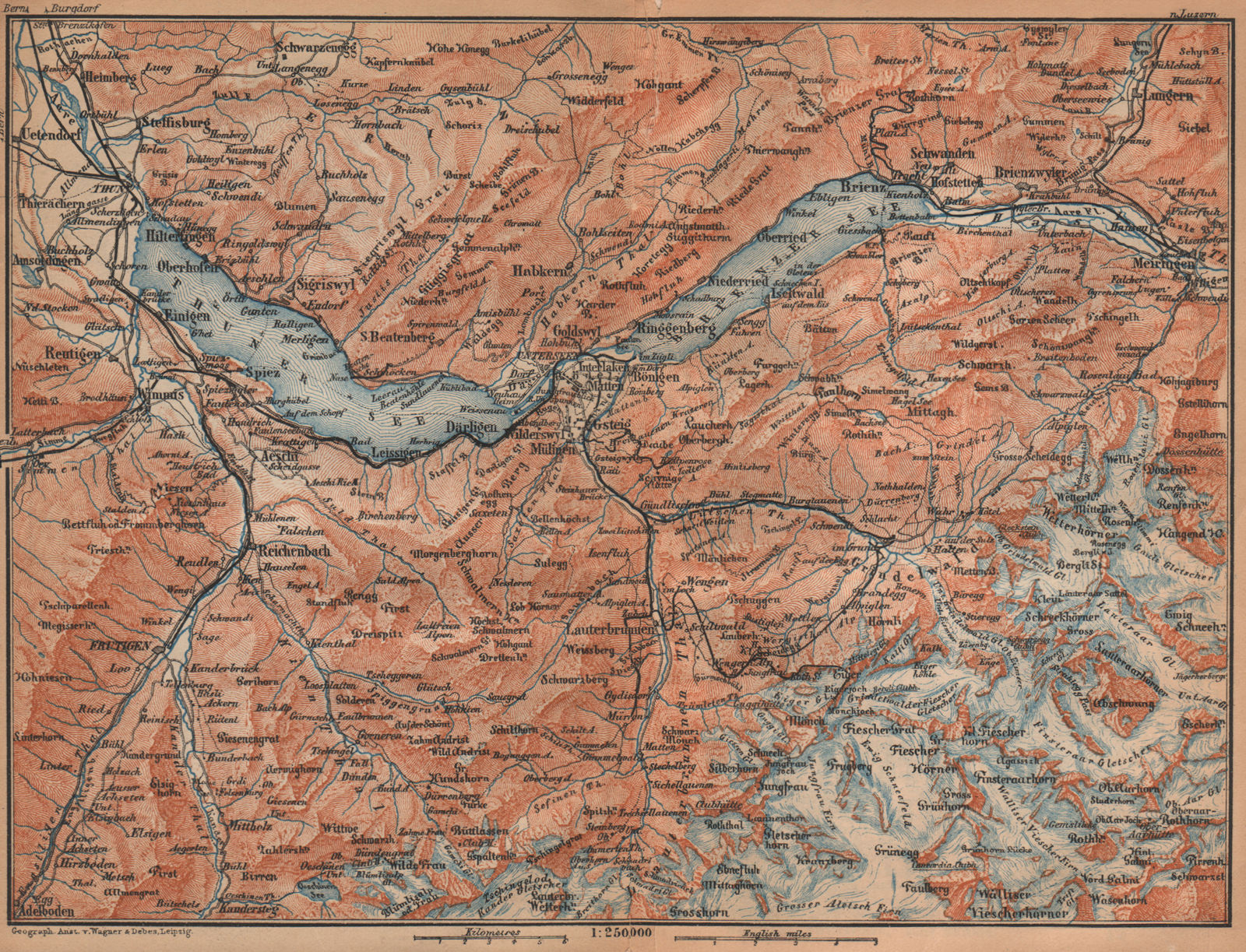 BERNESE OBERLAND. Wengen Mürren Grundelwald Reutigen Interlaken Eiger 1907 map